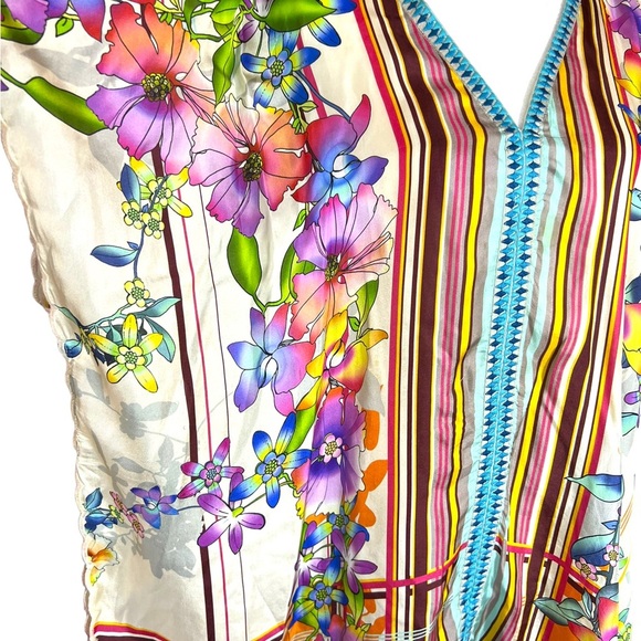 Johnny Was Floral Stripe Embroidered Trim Silk Stellar Poncho size Medium - Picture 3 of 11